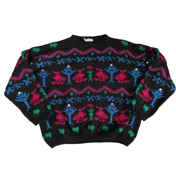 VTG Tree Bird Folk Art Wool Knit Sweater L Grunge Fair Isle Boho Cottagecore - Picture 1 of 8